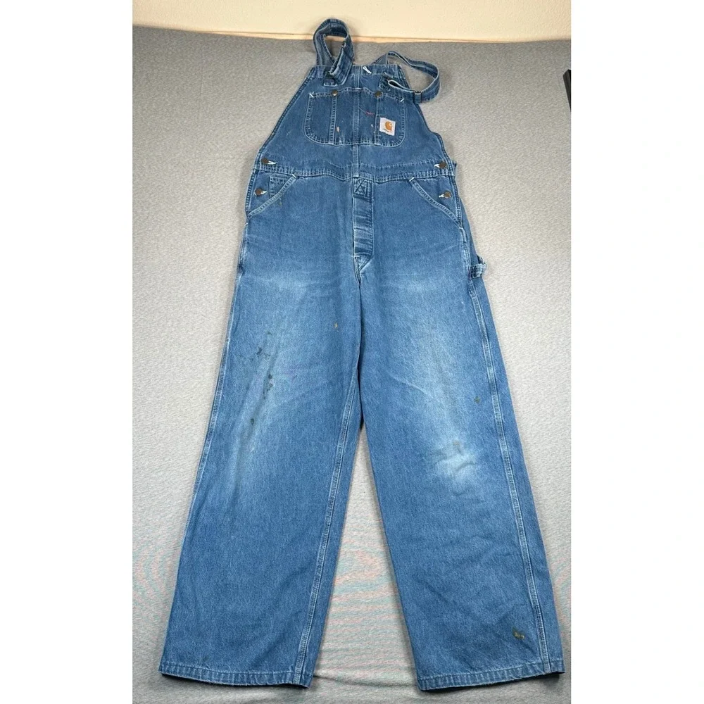 VTG Carhartt R07DST Denim Bib Overalls Mens 36x32 Blue Made in USA Distressed
